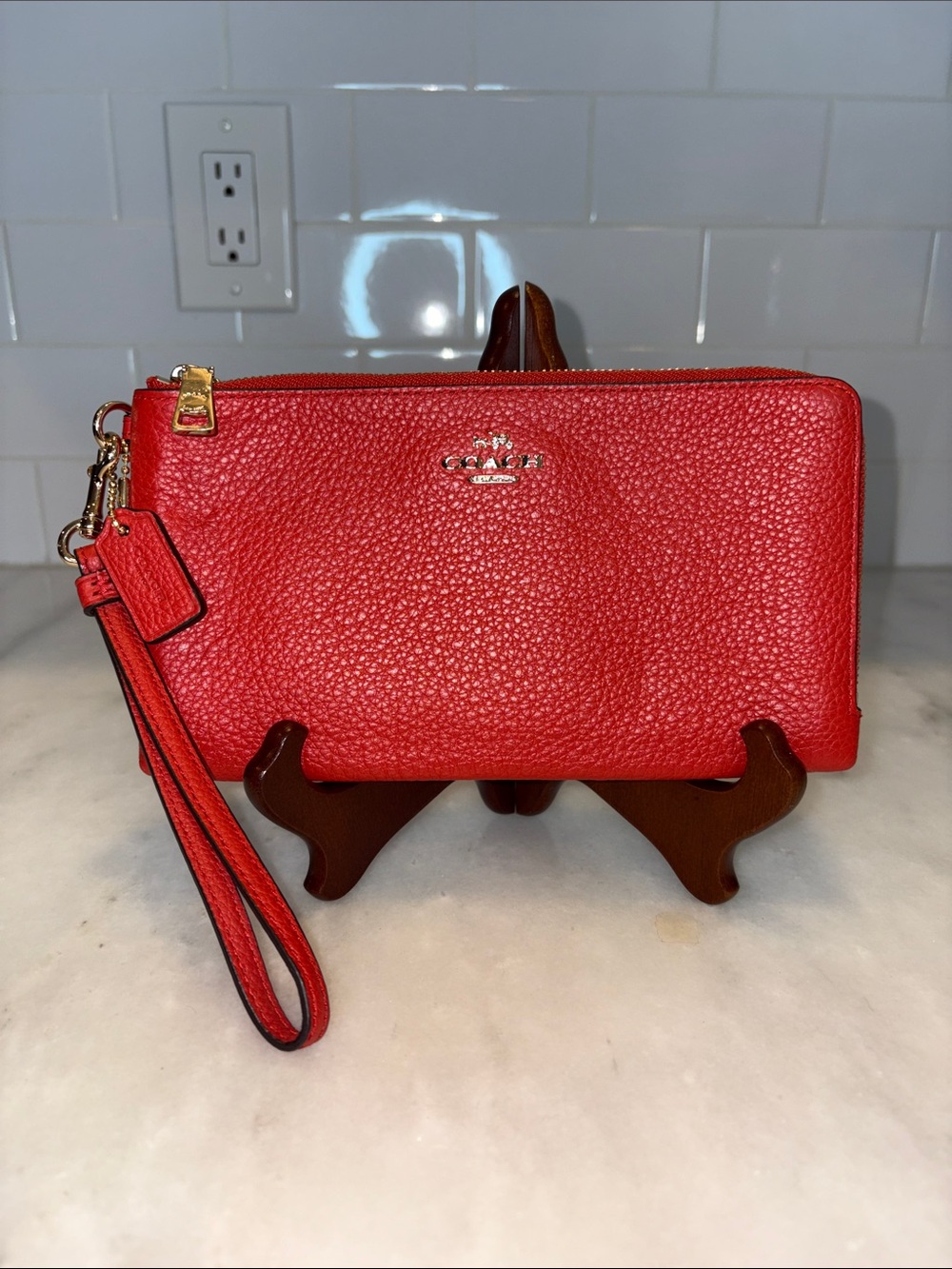 Coach Red Pebbled Leather Wristlet Clutch with Strap